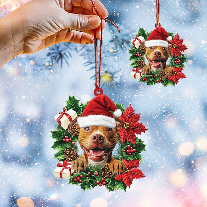 Pitbull Dog Christmas Wreath Ornament, Pit Bull Dog Christmas Ornament