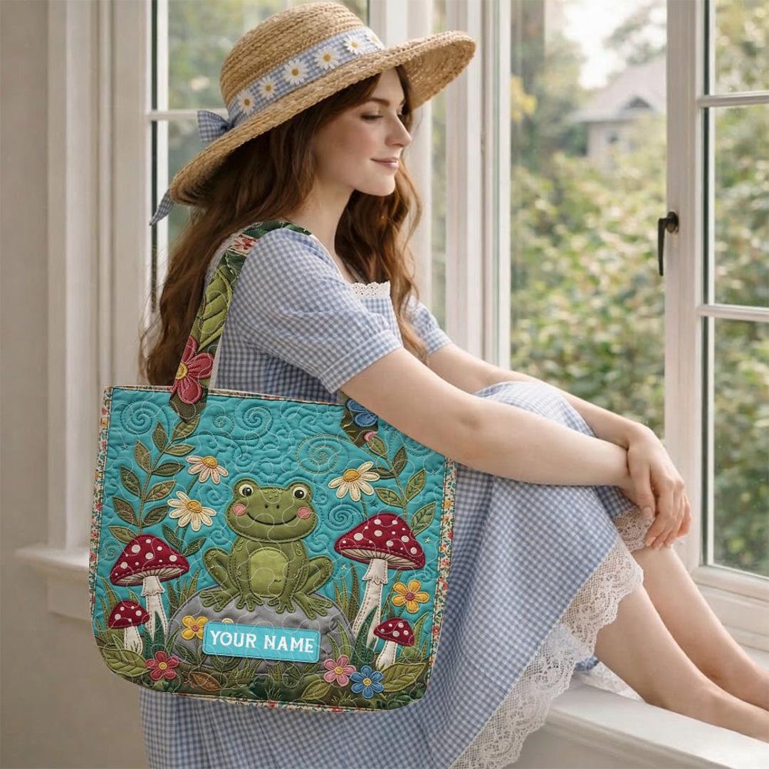 Toad Handbag Personalized Frog Quilted Tote Bag Teal Garden Mushroom Handbag ...