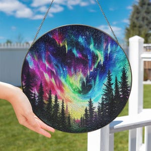 Northern Lights Suncatcher, Northern Lights Decor Aurora Borealis Glass Suncatcher, Forest Aurora Suncatcher, Nature Lover Gift ID-0226-Z76N