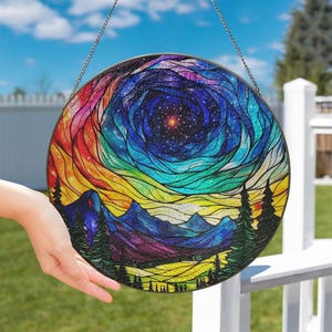 Northern Lights Suncatcher, Northern Lights Decor Aurora Borealis Glass Suncatcher, Forest Aurora Suncatcher, Nature Lover Gift ID-0312-5V6I