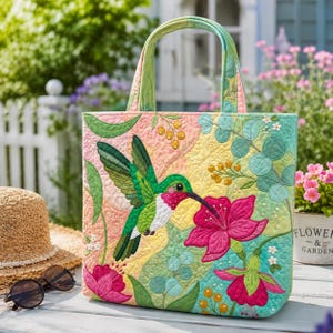 May include: A quilted tote bag featuring a vibrant hummingbird in flight approaching a bright pink flower. The fabric displays a soft gradient of pastel yellow, pink, and green hues with embroidered botanical motifs, including leaves and berries.