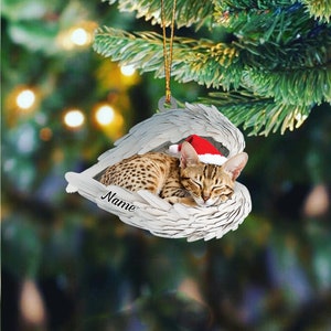Personalized Savannah Cat Sleeping Angel Wings Ornament, Savannah Cat Christmas Ornament Gift, Cat Car Ornament ID-0928-8LQE