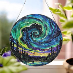 Northern Lights Suncatcher, Northern Lights Decor Aurora Borealis Glass Suncatcher, Forest Aurora Suncatcher, Nature Lover Gift ID-0312-UDHL