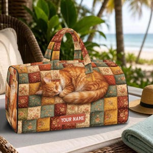 Personalized Orange Cat Sleeping Quilted Weekend Bag Patchwork Print Overnight Duffle Travel Luggage Cute Gift For Feline Lover TD-0606-CPHC