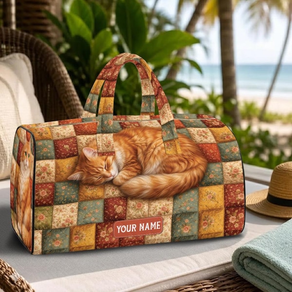 Personalized Orange Cat Sleeping Quilted Weekend Bag Patchwork Print Overnight Duffle Travel Luggage Cute Gift For Feline Lover TD-0606-CPHC