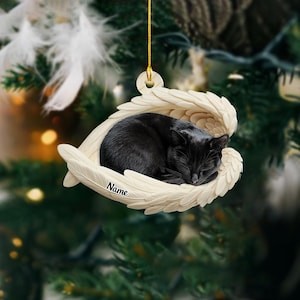 Personalized Black Cat Sleeping Angel Wings Ornament, Black Cat Christmas Ornament Gift, Car Ornament, Gift For Pet Lovers ID-1122-OJ72