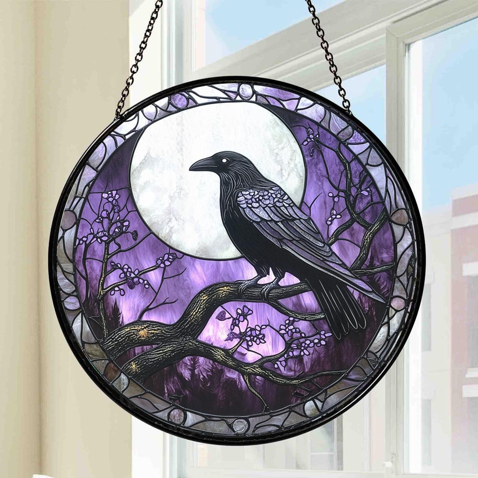 Raven Window Frame Stained Glass Gothic Raven Suncatcher, Black Raven Windows Hanging ...