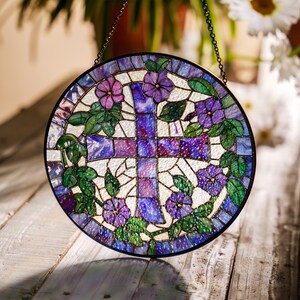 Cross Christian Morning Glory Glass Suncatcher, Nature-Inspired Window Hanging Decor, Perfect Gift for Bird and Flower Lovers ID-0325-KXX1