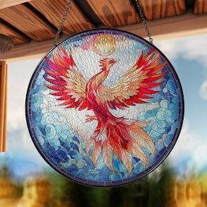 Stained GLASS Phoenix Suncatcher, Phoenix Window Hanging Decor, Phoenix Decor, Phoenix Lover Gift, Phoenix Ornament ID-0320-L9IK