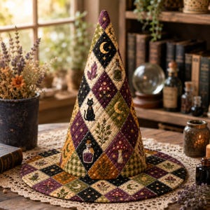 May include: A quilted witch hat featuring a diamond pattern in shades of black, purple, green, and gold. The fabric displays printed motifs of crescent moons, stars, black cats, mushrooms, crystals, and glass potion bottles with cork stoppers.
