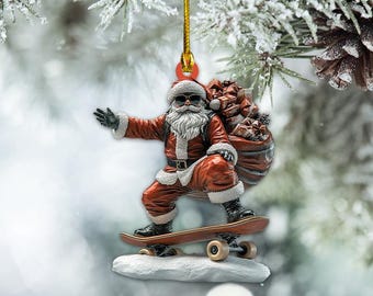Santa Claus Skateboarding Christmas Ornament, Skateboarding Ornament, Skateboard Ornament, Skating Ornament, Skater Ornament TD-1111-FLFE