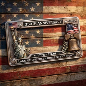 May include: A rectangular metal license plate frame featuring a 250th Anniversary theme. The frame displays the Statue of Liberty on the left, the Liberty Bell on the right, and the text 1776-2026, LAND OF THE FREE, HOME OF THE BRAVE.