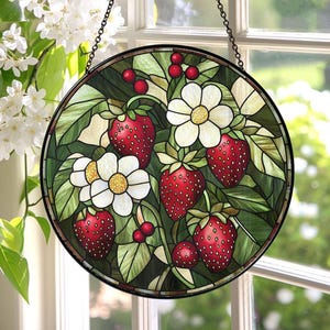 Stained Glass Strawberry Suncatcher, Strawberry Windows Hanging Suncatcher, Strawberry Light Catcher, Strawberry Windows Decor TD-0517-CQHK