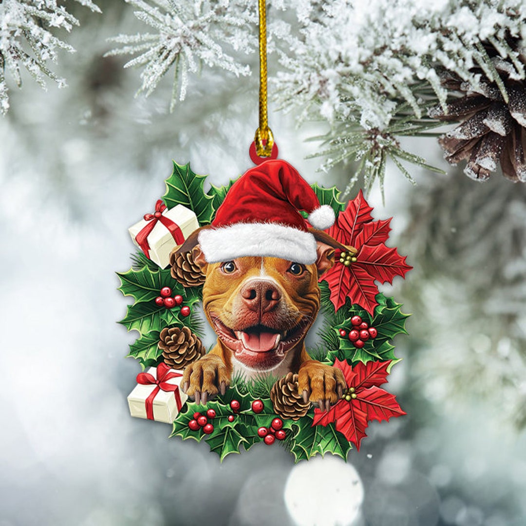 Pitbull Dog Christmas Wreath Ornament, Pit Bull Dog Christmas Ornament