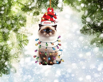 Könnte beinhalten: Eine weiße Katze trägt einen roten Weihnachtsmann-Hut mit dem Wort "Name" darauf und ist in bunte Weihnachtslichter gewickelt. Die Katze sitzt auf einem weißen Hintergrund mit Schneeeffekt.