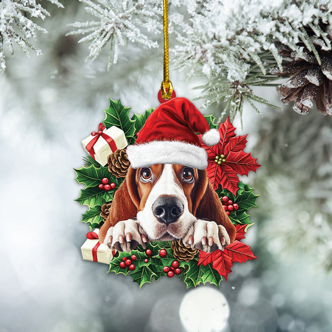 Basset Hound Dog Christmas Wreath Ornament, Basset Hound Dog Christmas