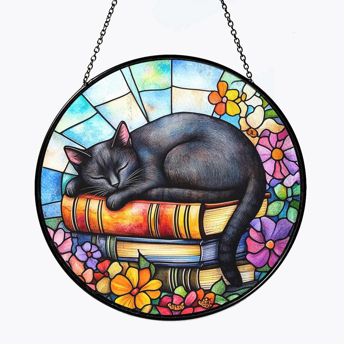 Stained Glass Cat Sleeping on Books Suncatcher Black Cat and Books ...