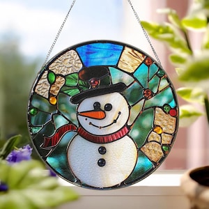 Snowman Stained Glass Suncatcher, Christmas Decor, Holiday Window Hanging, Christmas Gift ID-0729-QBTF