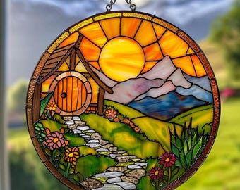 Countryside Stained Glass Suncatcher, Sunshine House Acrylic Decor, Fantasy Window Hanging Art, Inspired Gift Suncatcher Stained Glass Uffn