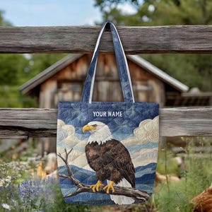 Personalized Bald Eagle Quilted Tote Bag, Woodland Patriotic Bird Handbag, Mountain Wildlife Purse, American Animal Lovers Gift TD-0611-GP19