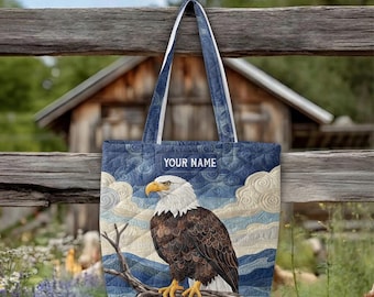 Personalized Bald Eagle Quilted Tote Bag, Woodland Patriotic Bird Handbag, Mountain Wildlife Purse, American Animal Lovers Gift TD-0611-GP19