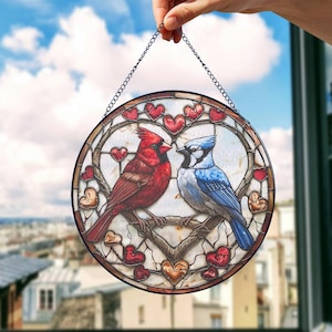 Cardinal Suncatcher, Cardinal Couple Stained Glass not Acrylic Decor, Cardinal Window Suncatcher, Gift for Couple ID-1223-WOCV