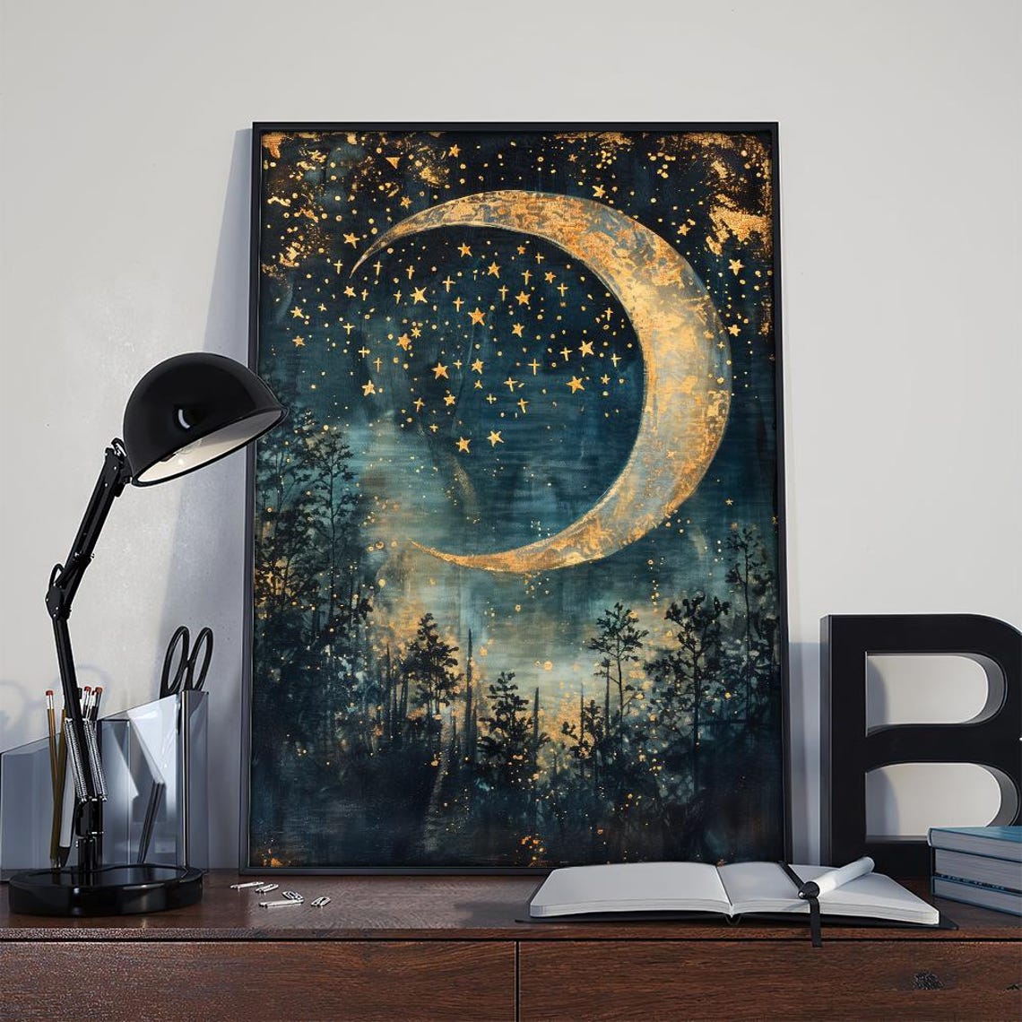 Crescent Moon in Starry Night Sky Poster, Moon Night Sky Wall Art ...