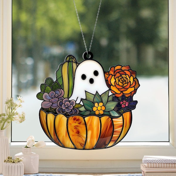 Ghost Cactus Window Suncatcher Ornament Halloween Ghost Succulent Ornament Ghost Gardener Ornament Ghost Gardening Suncatcher TD-0905-HTHS