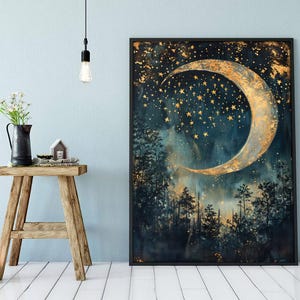 Póster de luna creciente en el cielo estrellado, arte de pared con luna en el cielo nocturno, decoración del cielo nocturno, decoración artística de la naturaleza, decoración de galaxias ID-0211-LOCY