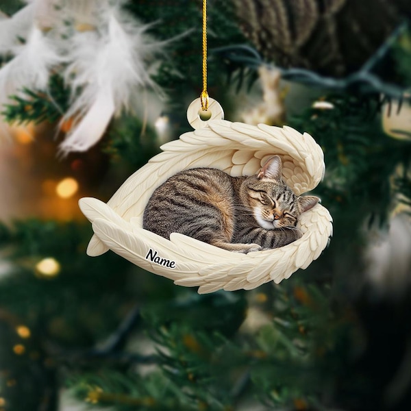 Adorno de alas de ángel durmiendo de gato atigrado personalizado, adorno de Navidad de gato atigrado, adorno de coche, regalo para amantes de las mascotas ID-1122-ZYD5