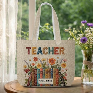 Personalized Teacher Quilted Tote Bag Floral Book Lover Shoulder Purse Educator Present Back To School Handbag Appreciation TD-0330-AQPX