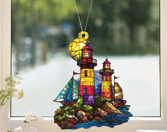 Lighthouse Suncatcher, Lighthouse Acrylic Window Hangings, Light House Decor, Coastal Gift, Perfect Gift for Nature Lovers ID-0226-GC90