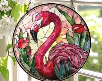 Flamingo Stained Glass Suncatcher, Flamingo Window Hanging Decor, Flamingo Decor, Flamingo Lover Gift Flamingo Light Catcher ID-0320-8LBB