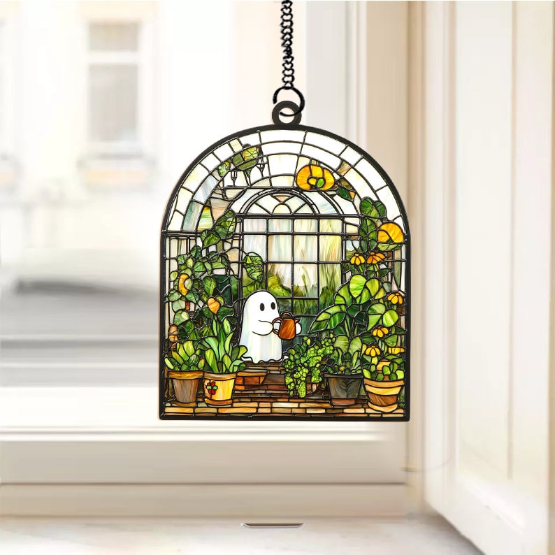 Cute Ghost at Greenhouse Halloween Suncatcher, Cute Ghost Window Hanging Decor, Cute Ghost Hanging Ornament Home Decor ID-0916-LJVC