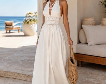 Vestido largo de lino color albaricoque con escote halter, vestido bohemio de playa para mujer, vestido de verano con escote en V profundo, vestido largo para resort, atuendo para despedida de soltera.