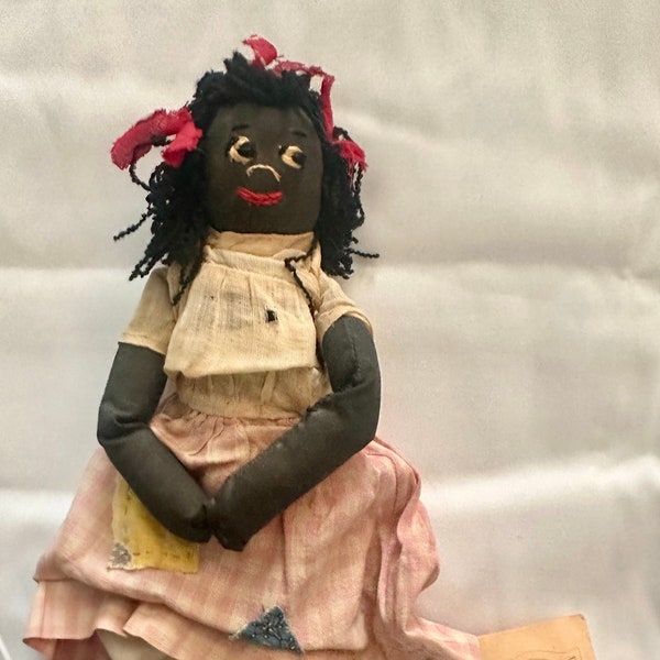 Vintage Primitive Folk Art Handmade Black Cloth Rag Doll 10" Stuffed NWT Signed Flore's Bears 1996 Pink Gingham Dress