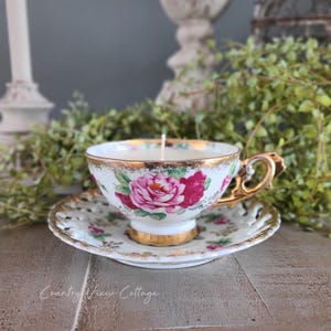 Vintage floral teacup candle and saucer