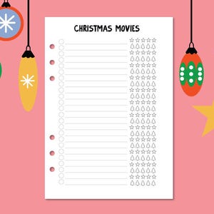 Christmas Movies List, Printable Journal Page, Christmas Movie Marathon, Christmas Journal Page, movie tracker, movie rating tracker
