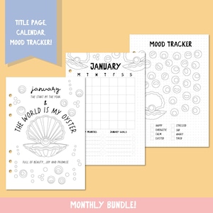 Paquete de diario de enero / Planificador de portada de enero / Bullet Journal / Calendario imprimible / Página de mes / Portada del diario / Seguimiento del estado de ánimo