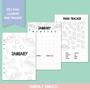 Paquete de diario de enero / Planificador de portada de enero / Bullet Journal / Calendario imprimible / Página de mes / Portada del diario / Seguimiento del estado de ánimo