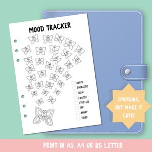 Butterfly Mood Tracker PDF | Printable Bullet Journal Page for Self Care, Emotions, Mental Health | Bujo Insert A5, A4, US Letter | Wellness