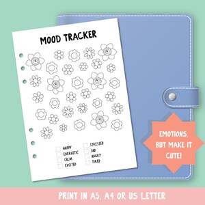 Blumen Stimmung Tracker Printable | Niedliche Blumen Bullet Journal Seite PDF | Mentale Gesundheit, Selbstfürsorge Bujo Einlage A5 A4 US Letter Size