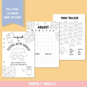 May include: A set of three black and white printable planner pages. The pages include a title page, a calendar for August, and a mood tracker. The title page says "Fizzing with Energy" and the calendar has space for priorities and goals.
