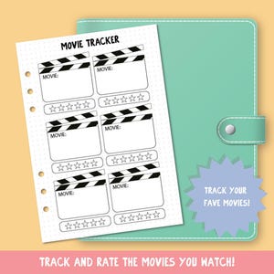 May include: A white movie tracker sheet with black text and a teal binder. The sheet has spaces to write movie titles and rate them with stars. Text on the sheet says "MOVIE TRACKER" and "TRACK AND RATE THE MOVIES YOU WATCH!"
