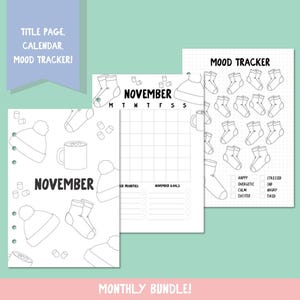 November journal bundle | November title page planner | bullet journal | printable Calendar | Month Page | Journal | Cosy Socks Mood Tracker