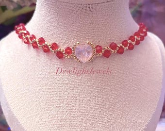 Red Crystal Beaded Choker: Dainty Valentine's Day Necklace