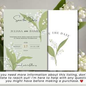 May include: Save the Date card with a green background and white lily of the valley flowers. The card says "Save the Date" in cursive script, followed by "Juliana and Daniel" and "Together with their families invite you to their wedding celebration". The date is "Friday, 17 February 2024 at 9:00 AM".
