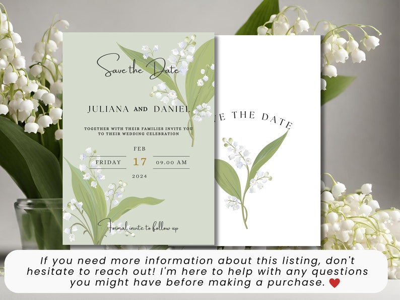 May include: Save the Date card with a green background and white lily of the valley flowers. The card says "Save the Date" in cursive script, followed by "Juliana and Daniel" and "Together with their families invite you to their wedding celebration". The date is "Friday, 17 February 2024 at 9:00 AM".