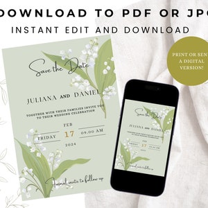 May include: A digital save the date card with a green background and white lily of the valley flowers. The text reads "Save the Date" in a cursive font, followed by "Juliana and Daniel" in a sans-serif font. The date is listed as "Friday, 17 February 2024 at 9:00 AM".