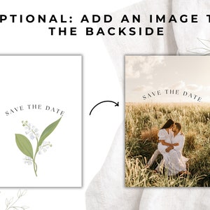 May include: Two cards with the text "Save the Date" on them. One card features a floral illustration of lily of the valley. The other card has a photograph of a couple sitting in a field.